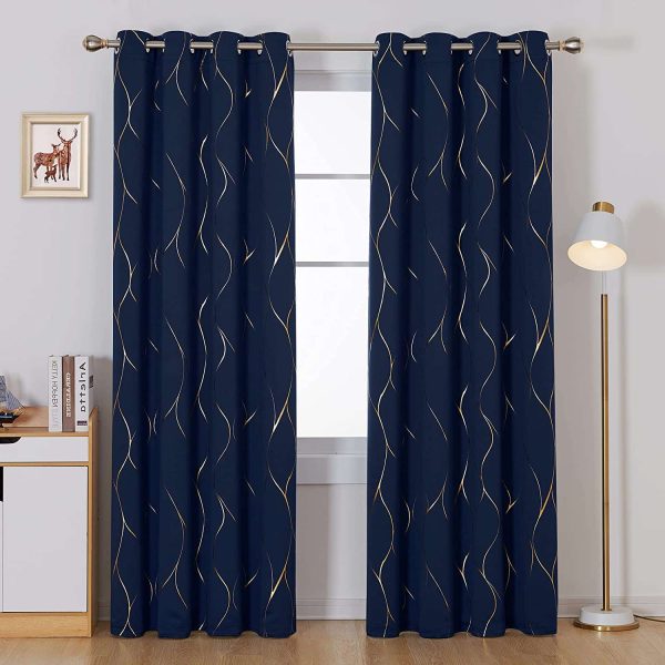 Gold Foil Printed 80-85% Blackout Curtains - Pack of 1 Curtain - Wave - Navy Blue Online Hot Sale