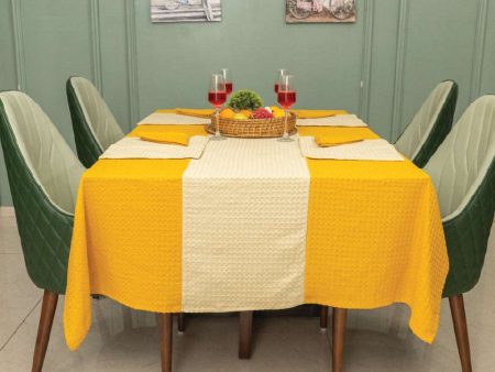 100% Cotton Waffle weave dining table cover Combo - 1 Table Cloth with Reversible Placemats and Matching solid-colored Napkins - Mustard & Beige Discount