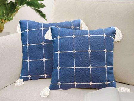 Embroidered Cotton Cushion Cover, for Sofa, Bedroom, Living Room - Set of 2 - Aura Checks Indigo For Sale