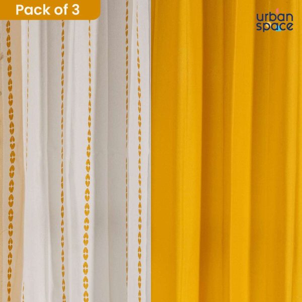 Cotton Curtains Combo, Set of 3 curtains, 60-65% Room Darkening Curtain - Aura Yellow For Discount