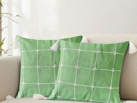 Embroidered Cotton Cushion Cover, for Sofa, Bedroom, Living Room - Set of 2 - Aura Checks Green For Cheap