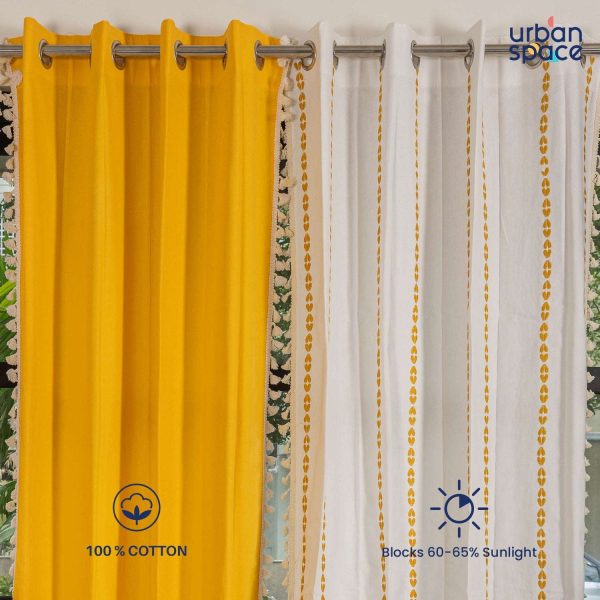 Cotton Curtains Combo, Set of 3 curtains, 60-65% Room Darkening Curtain - Aura Yellow For Discount