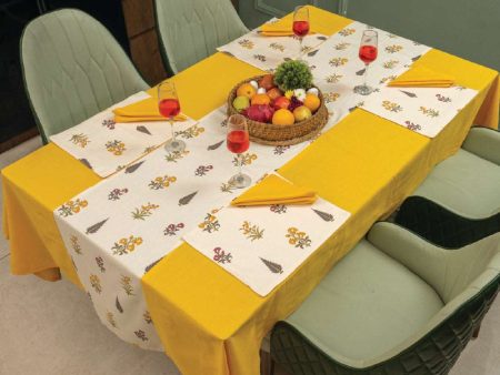 100% Cotton Dining table cover Combo - 1 Table Cloth with Reversible Placemats and Matching solid-colored Napkins - High Garden Yellow Hot on Sale