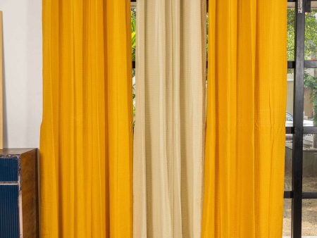 100% Cotton Waffle weave Curtains Combo, Set of 3 curtains, 60-65% Room Darkening Curtain - Mustard & Beige Online Sale