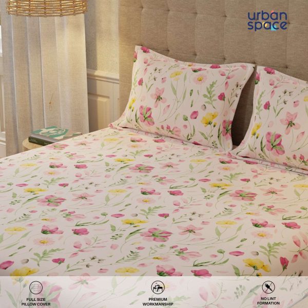 Serene 200 TC 100% Cotton Bedsheet with Pillow Covers - Meadows Rose Pink Sale