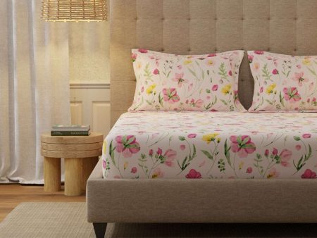 Serene 200 TC 100% Cotton Bedsheet with Pillow Covers - Meadows Rose Pink Sale