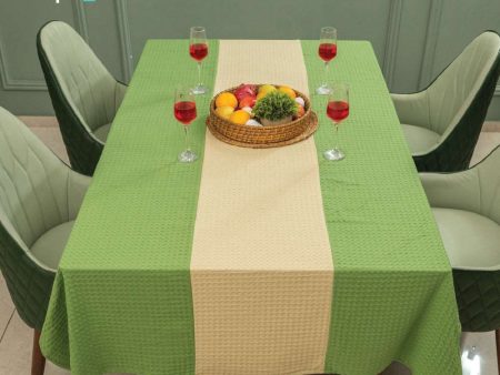 100% Cotton Waffle Weave Dining Table Cover, Table Cloth with Panelled design - Sage Green & Beige Discount