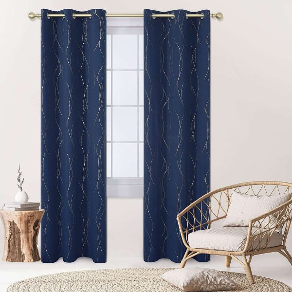 Gold Foil Printed 80-85% Blackout Curtains - Pack of 1 Curtain - Wave - Navy Blue Online Hot Sale