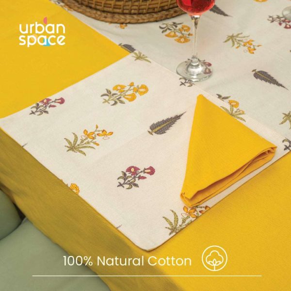 100% Cotton Dining table cover Combo - 1 Table Cloth with Reversible Placemats and Matching solid-colored Napkins - High Garden Yellow Hot on Sale