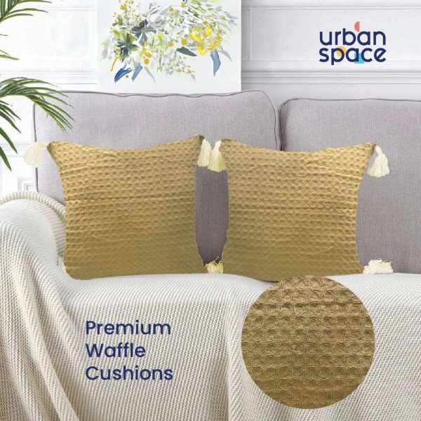 Waffle Cotton Cushion Cover, for Sofa, Bedroom, Living Room - Set of 2 - Waffle Khaki on Sale