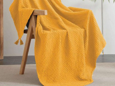 100% Cotton Waffle Throw Blanket, Soft Decorative Throw with Tassels - Mustard on Sale