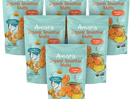 Amara Smoothie Melts - Mango Carrot - Baby Snacks Made With Fruits and Vegetables - Healthy Toddler Snacks For Your Kids Lunch Box - Organic Plant Based Yogurt Melts - 6 Resealable Bags For Sale