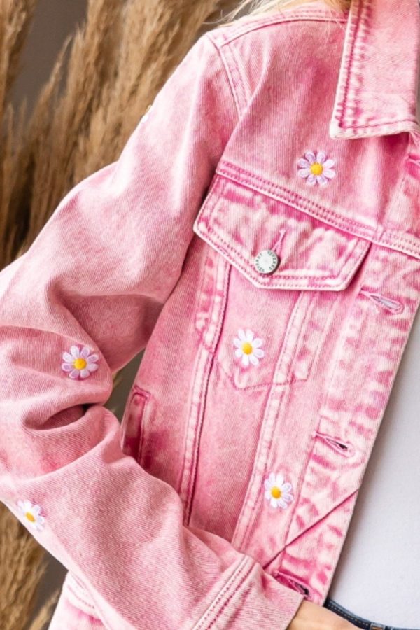 Veveret Daisy Print Button Up Denim Jacket Online Sale