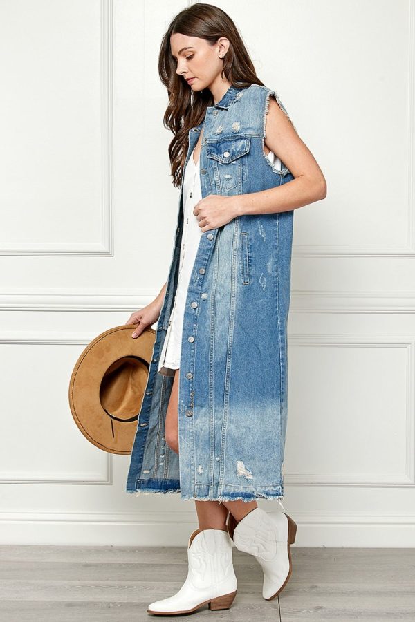 Veveret Full Size Distressed Sleeveless Longline Denim Jacket Cheap