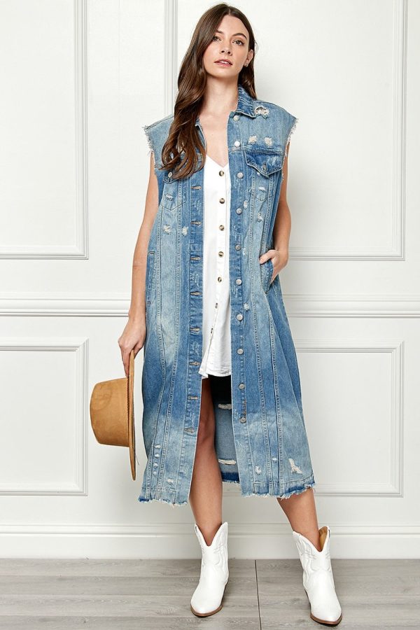 Veveret Full Size Distressed Sleeveless Longline Denim Jacket Cheap